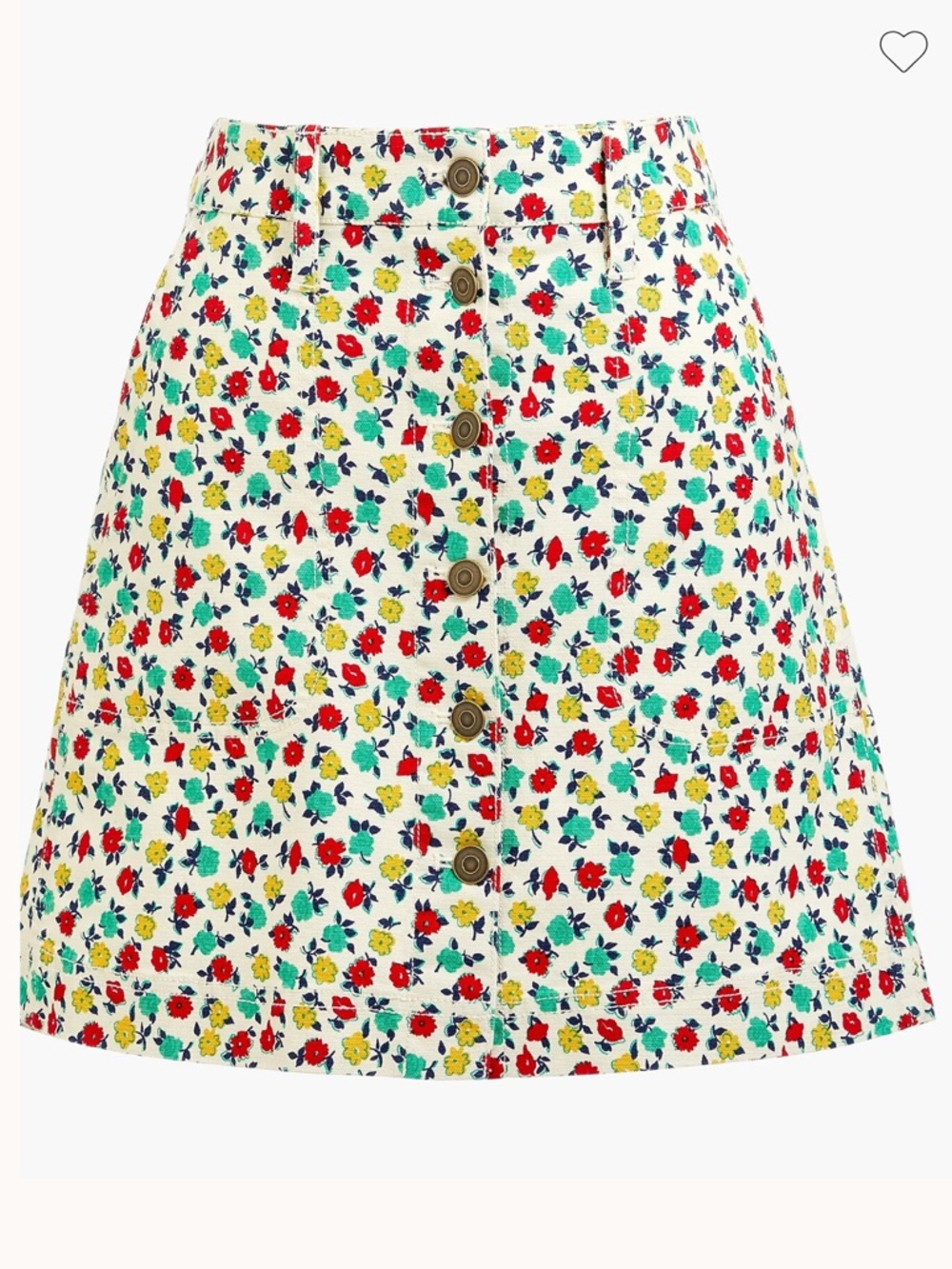 J.crew mercantile mini skirt with cream, red, yellow and green floral patterns.